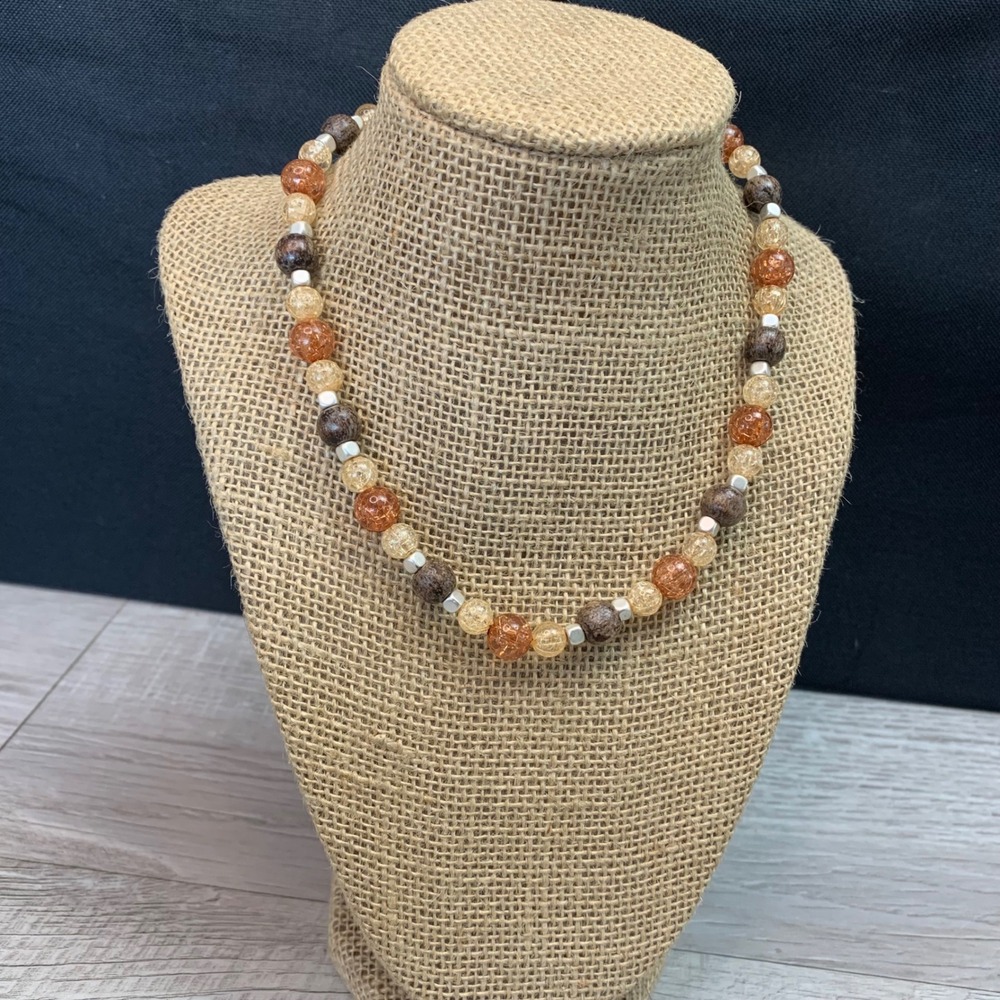Brown Amber Crackle Glass Beaded Necklace Silver Tone Spacers 16-19 Inch